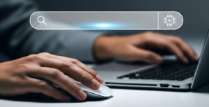 Close-up of a person using a laptop and mouse, with a digital AI search bar overlay symbolizing artificial intelligence enhancing workflow and productivity
